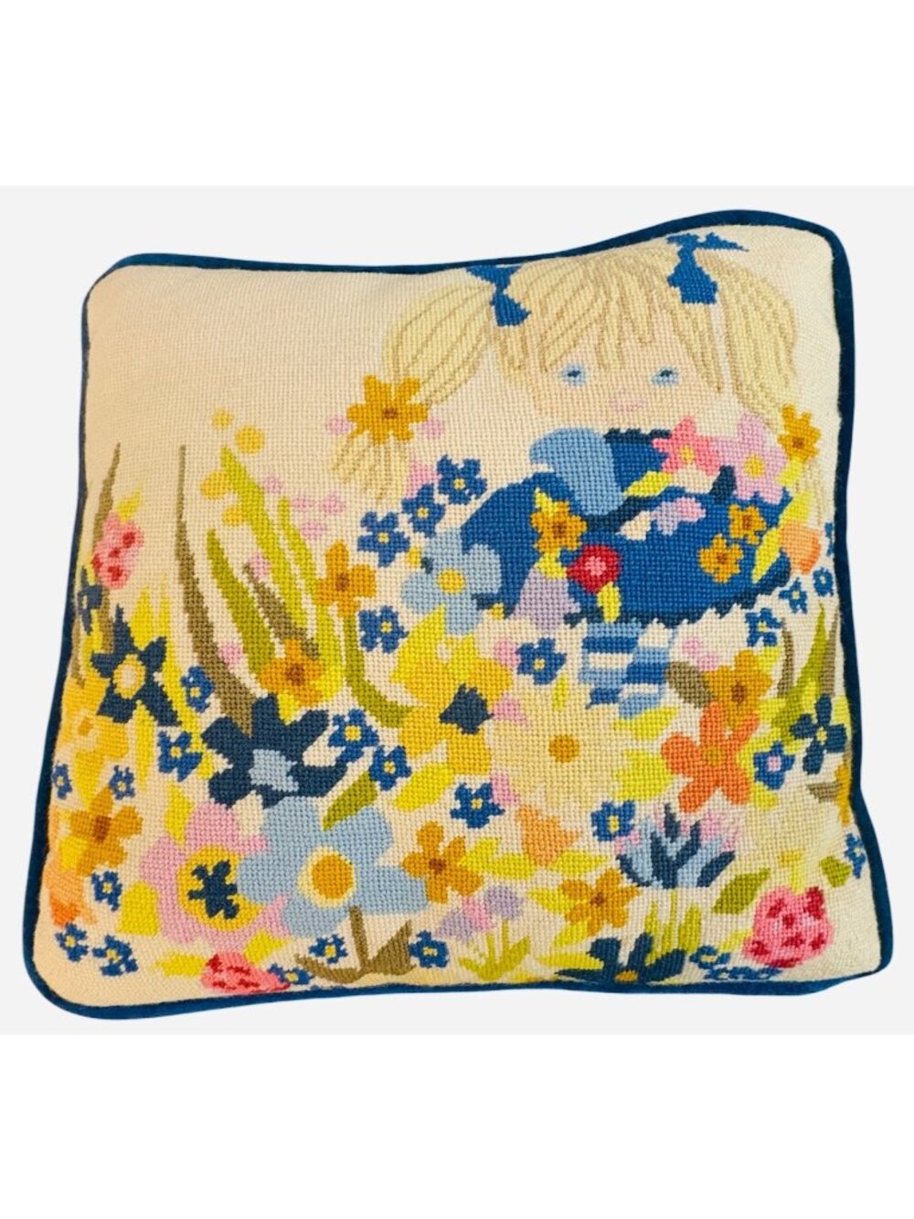 Vintage Needlepoint Throw Pillow Velvet Back Girl Flower Wildflower Grandma